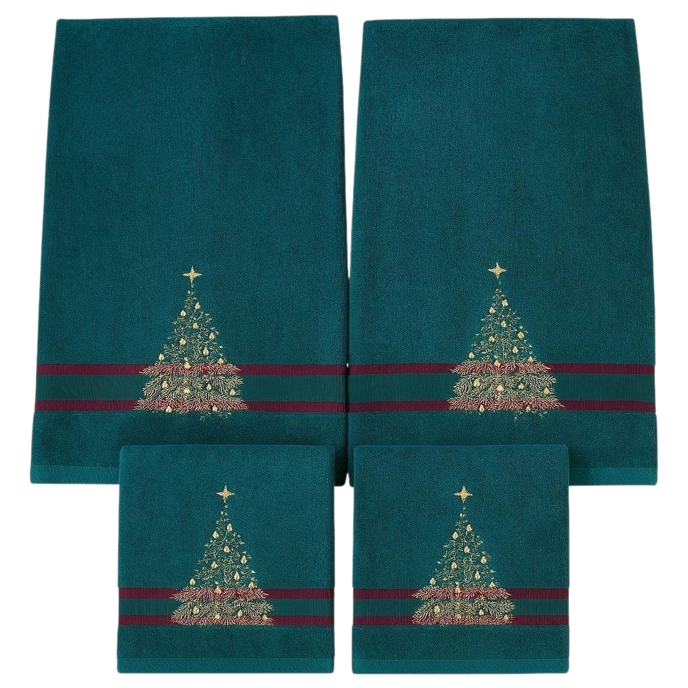 Vintage Christmas Tree Towel Set 2 Bath Towels 2 Hand Towels Green W/ Red Ribbon